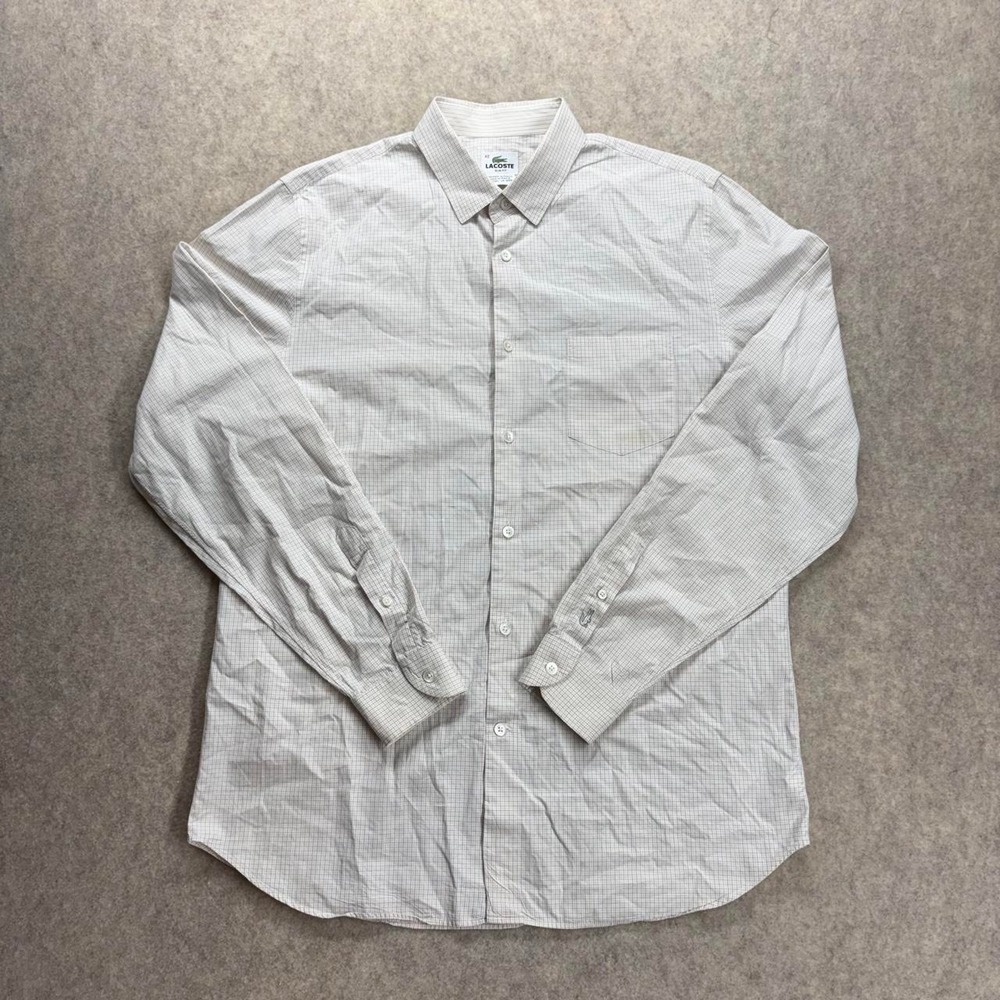 Lacoste Mens 42 Plaid Button Down Long Sleeve Shirt Logo & Pocket White Slim Fit